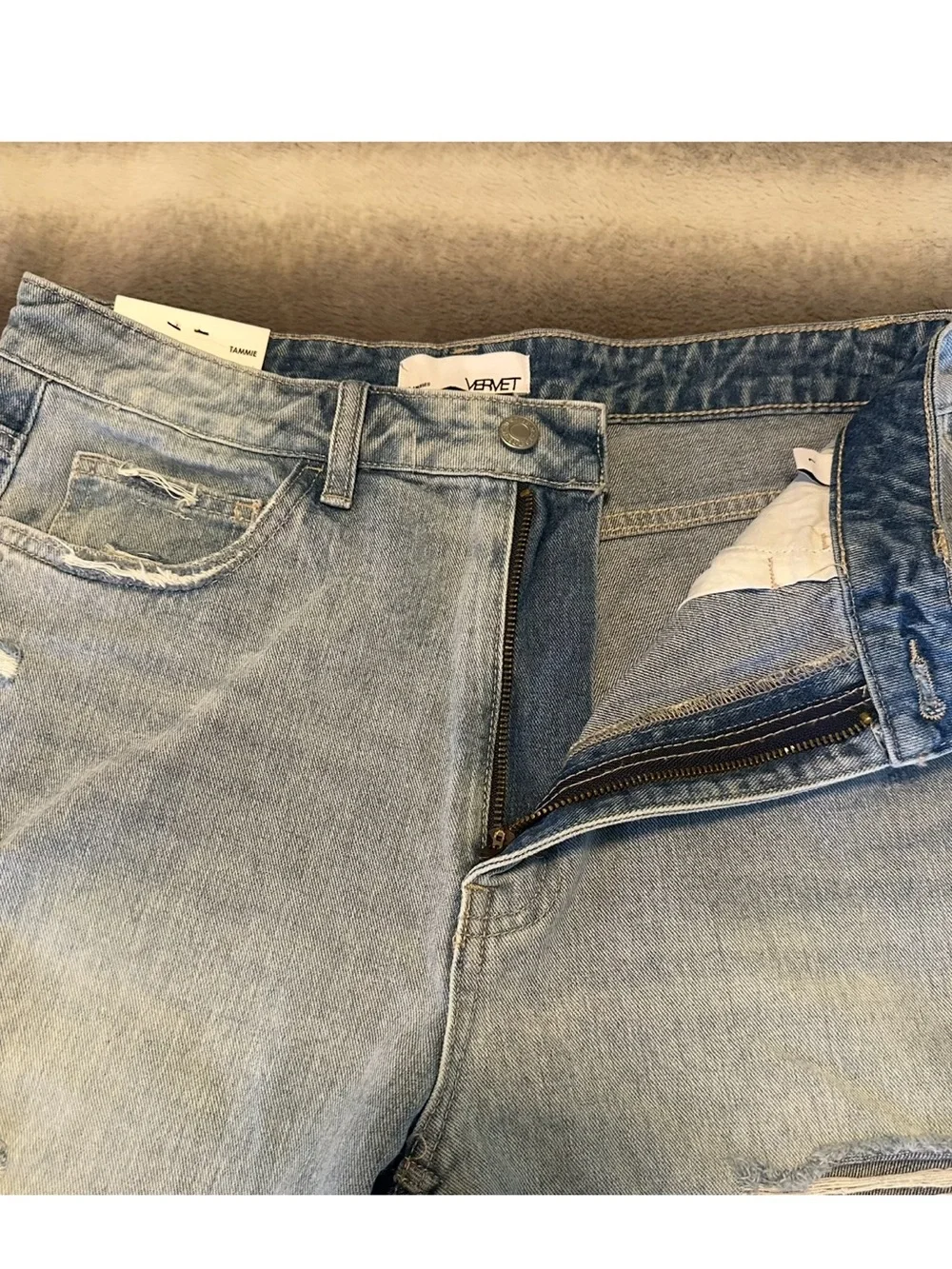 VERVET Tammie High Rise Distressed Bermuda Denim Shorts L NWT